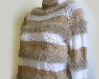 Beige white knitted pullover sweater striped, hand knit sweater, beige pullover, soft pullover, knit wool sweater, beige white sweater