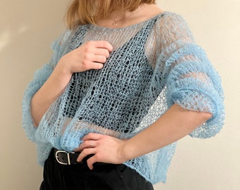 Pullover made of blue mohair yarn, blue sweater, air sweater, mohair sweater, blue jumper, handknit sweater, blue pullover, soft pullover