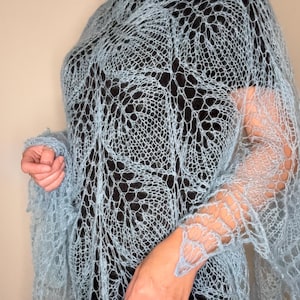 Knitted shawl, blue shawl, knit scarf, triangular scarf, mohair shawl, openwork scarf, downy shawl, lace shawl, knit shawl, knitted wrap