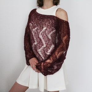 knitted sweater ,sweater maroon, mohair sweater, handknit sweater, soft pullover, transparent sweater, oversize sweater, long sleeve sweater