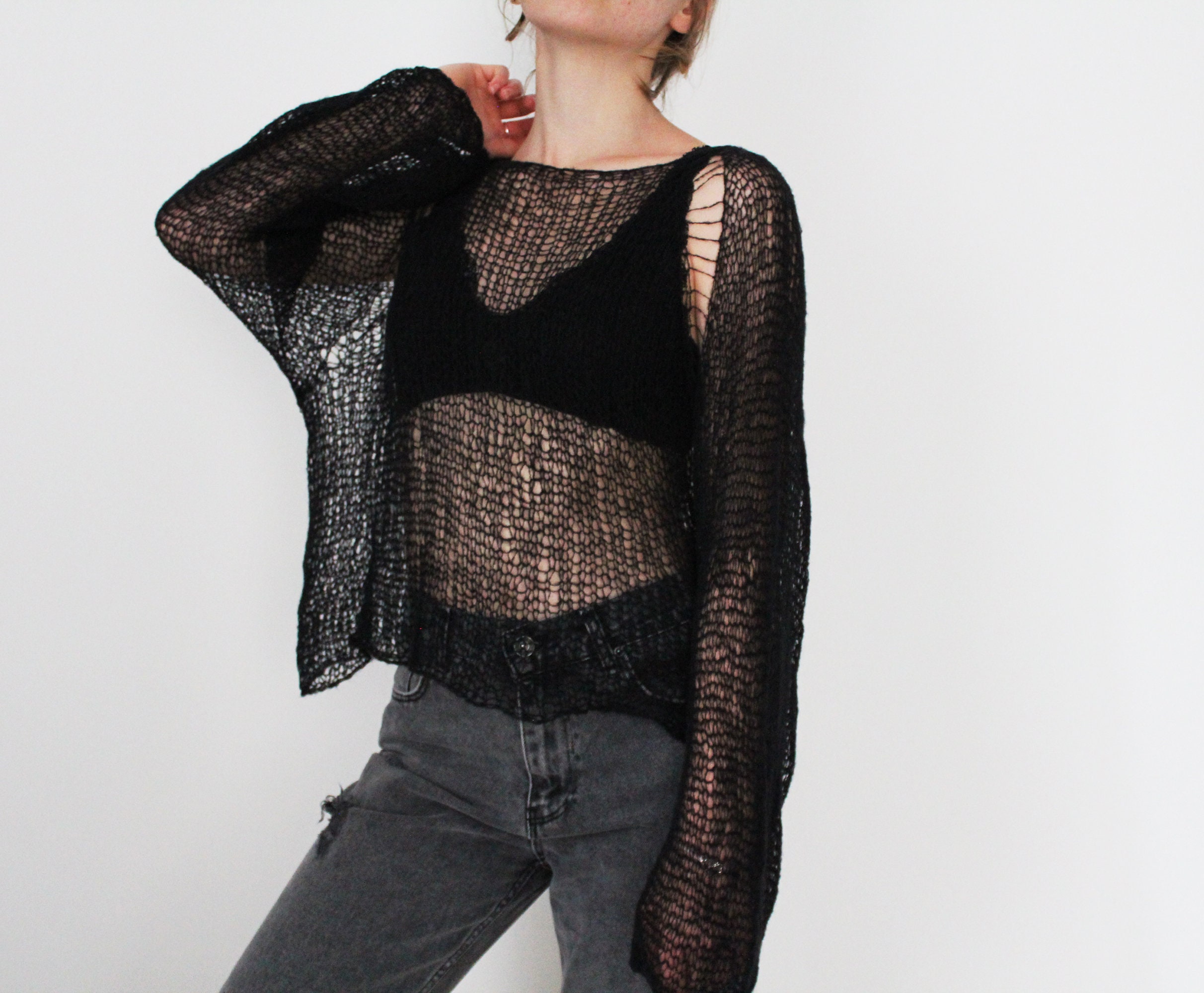 Knitted Sweater sweater Black Mohair Sweater Hand Knit Etsy