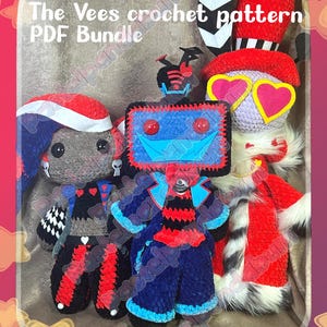 May include: A collection of colorful crochet dolls, each with unique designs and outfits. One doll wears heart-shaped sunglasses, while others feature hats and patterned clothing. The text "The Vees crochet pattern PDF Bundle" is visible.
