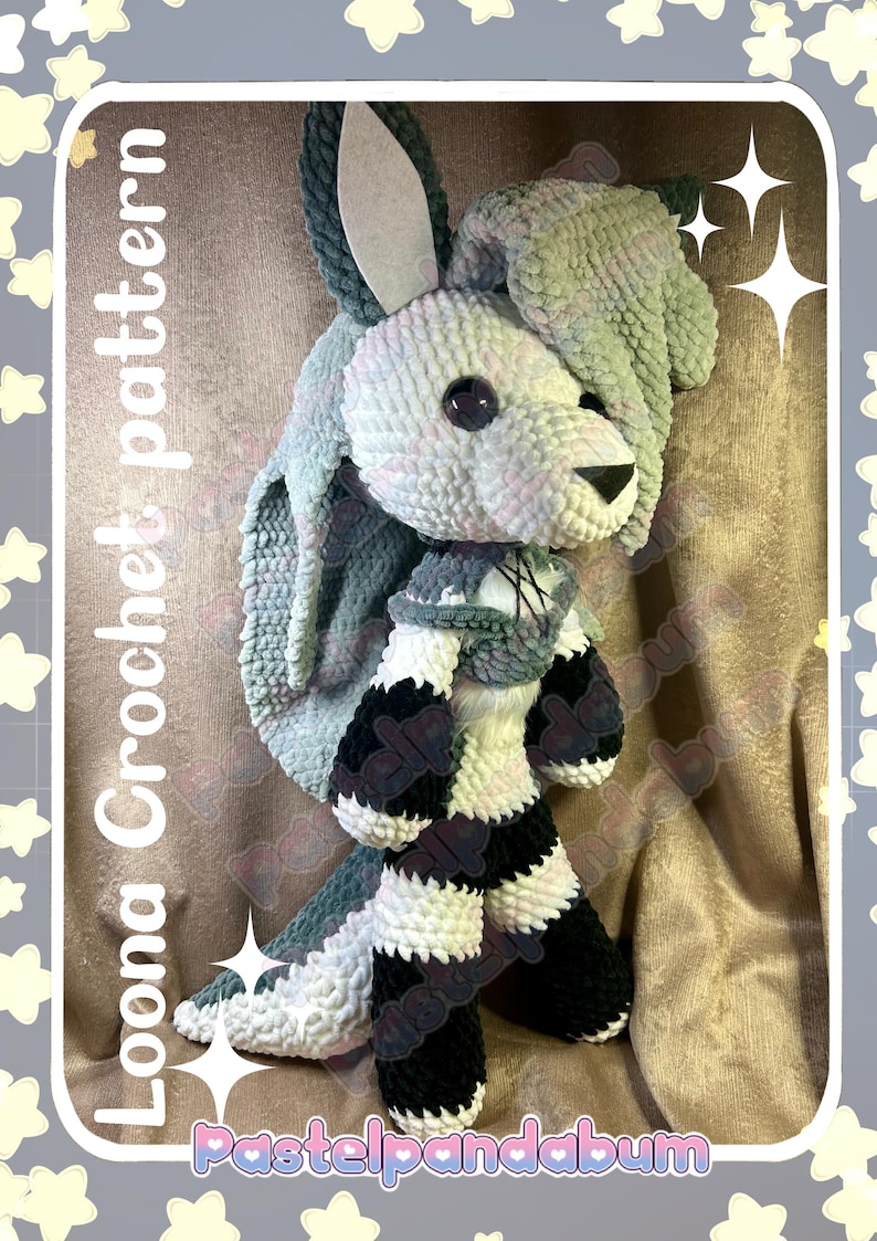 May include: A handmade crochet bunny in shades of white, gray, and black. The bunny has long ears, a striped body, and a scarf. The text "Loona Crochet pattern" and "Pastelpandabum" are visible.