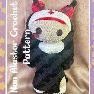 May include: A handmade crochet doll in the shape of a nun, featuring a black habit, white wimple, and a red and white headdress. The doll has large black button eyes and a small red tongue. Text on the image reads "Nun Alastor Crochet Pattern" and "Pastelpandabum".