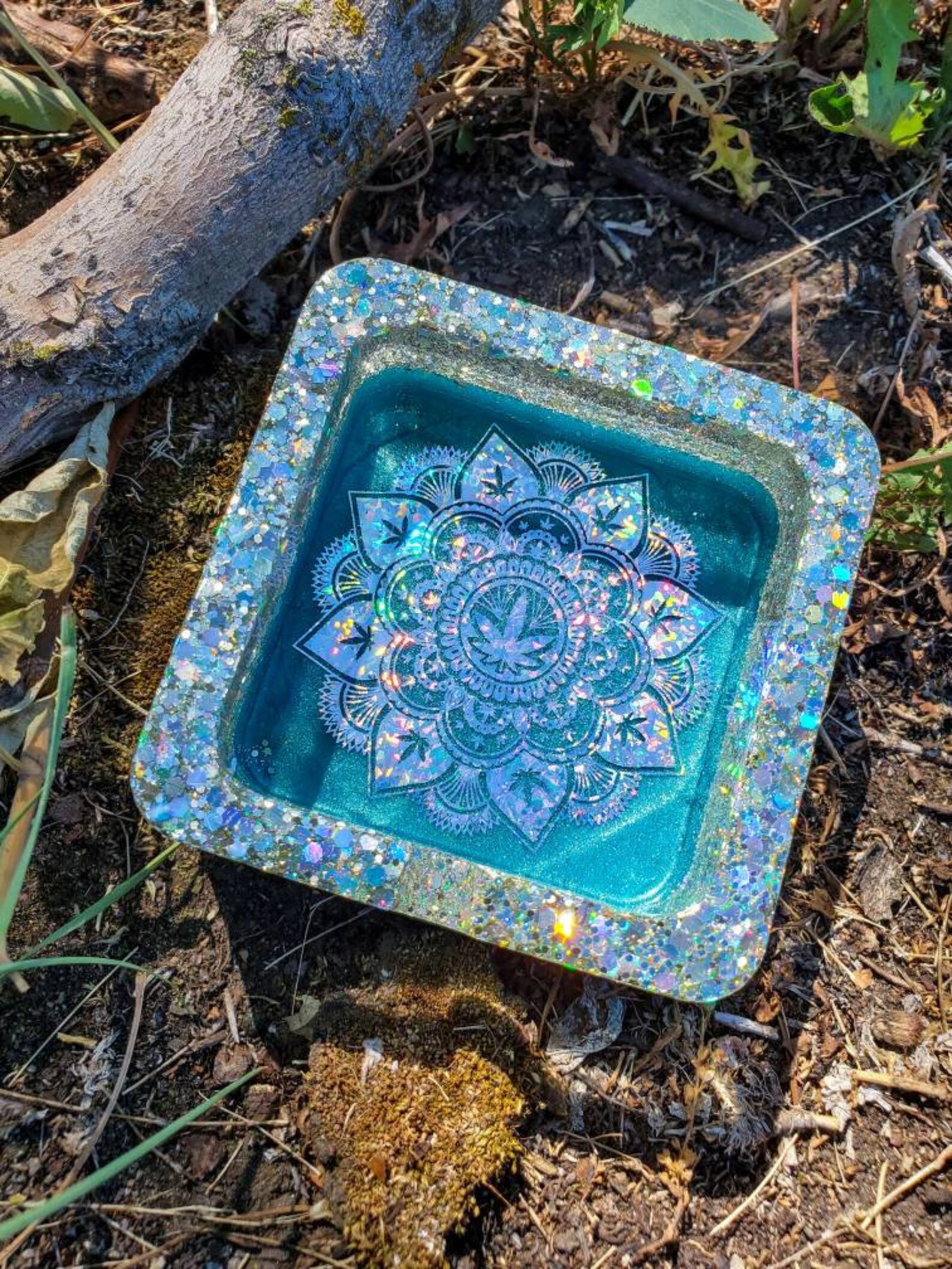 Square Ashtray/ Blue Shimmer Potleaf Mandala and Holographic Etsy