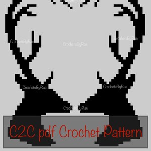 Può includere: Schema di uncinetto in bianco e nero per un design a forma di cuore con corna. Lo schema è etichettato "C2C pdf Crochet Pattern".