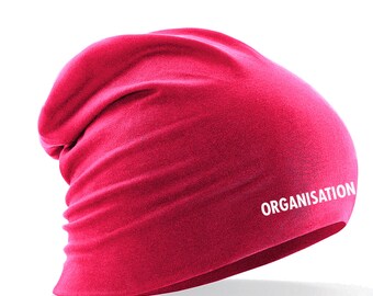 Longbeanie Slouch-Beanie Sommerbeanie mit Textildruck - ORGANISATION - in 5 versch. Farben