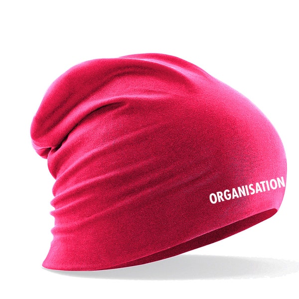 Longbeanie Slouch-Beanie Sommerbeanie mit Textildruck - ORGANISATION - in 5 versch. Farben