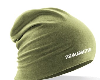 Longbeanie Slouch-Beanie Sommerbeanie mit Textildruck - SOZIALARBEITER - in 6 versch. Farben