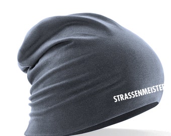 Longbeanie Slouch-Beanie Sommerbeanie mit Textildruck - STRASSENMEISTER - in 4 versch. Farben