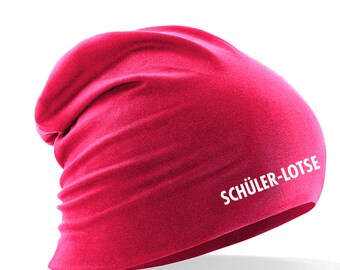 Longbeanie Slouch-Beanie Sommerbeanie mit Textildruck - SCHUELERLOTSE - in 4 versch. Farben