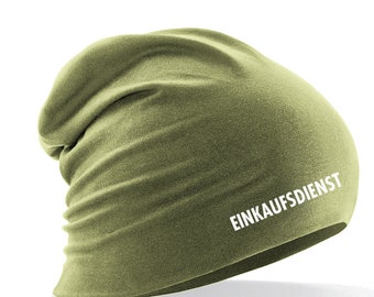 Longbeanie Slouch-Beanie Sommerbeanie mit Textildruck - EINKAUFSDIENST - in 6 versch. Farben