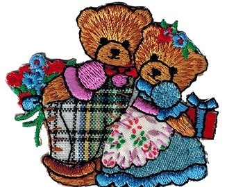 Aufnäher Patches - Bär Teddy Pärchen Paar mit Blumen (BR858)