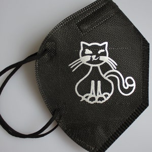 1x FFP2 Maske in Schwarz mit Applikation Bügeltransfer - Katze Cat Cartoon 3 - 15281