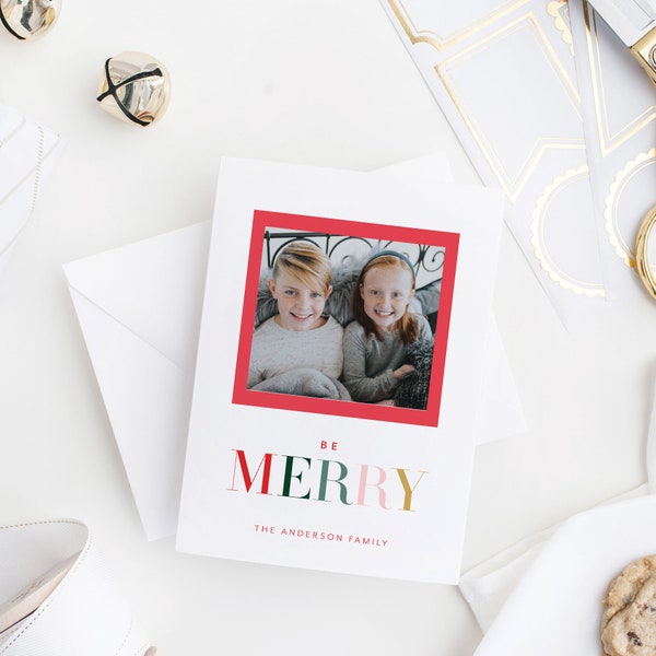 Editable Photo Christmas Card Template 5x7 DIY Be Merry Holiday Card, Minimal Simple Colorful, Printable Photo Card, DIY Merry