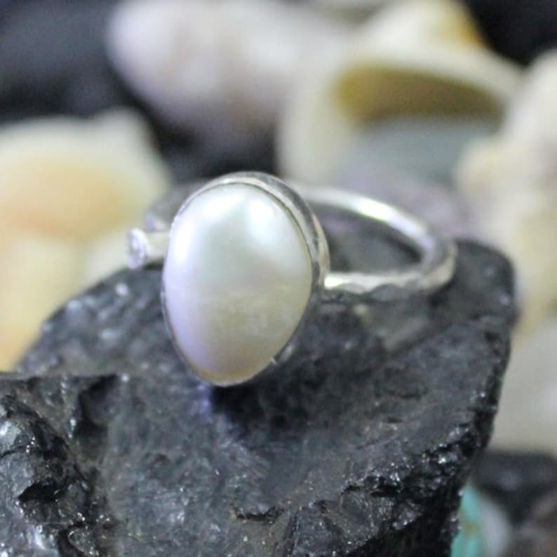 Pearl and Zircon Ring Handmade 925K Sterling Silver Ring 18K Gold Plated Over Silver