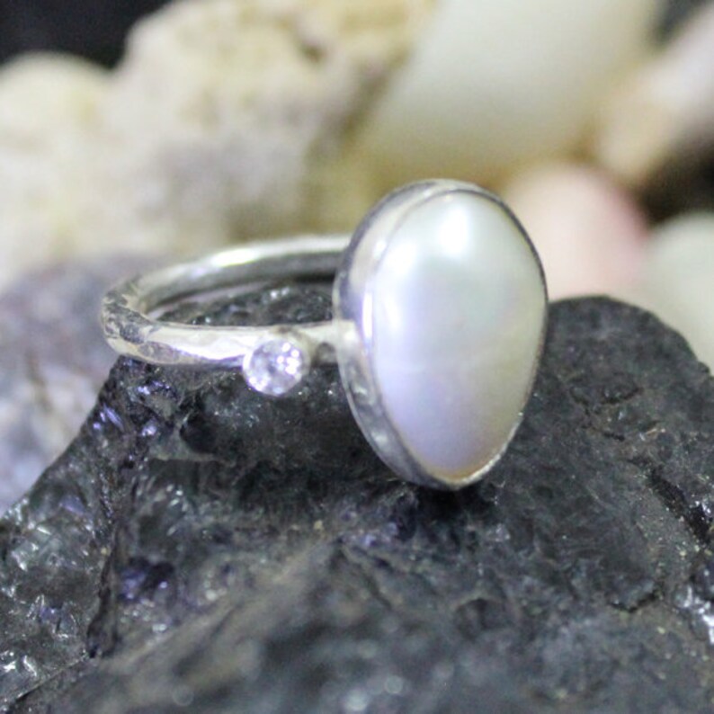 Pearl and Zircon Ring Handmade 925K Sterling Silver Ring 18K Gold Plated Over Silver