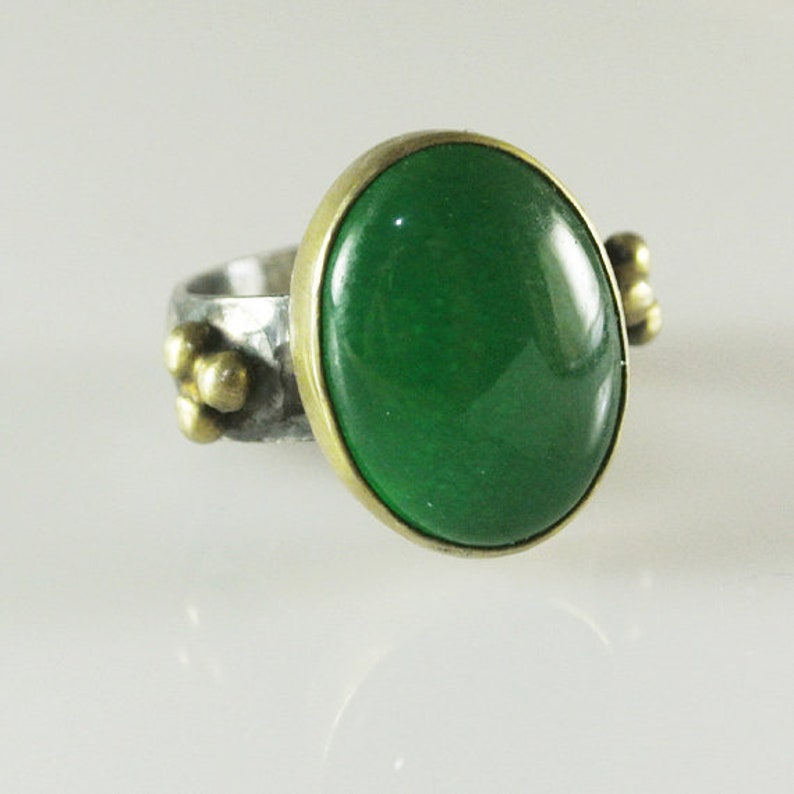 Natural Genuine Large Green Jade Handmade 925K Sterling Silver Ring 18K Gold Plated Over Silver