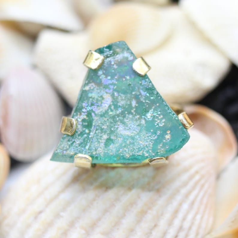 Real Genuine Ancient Roman Glass Handmade 925K Sterling Silver Ring 18K Gold Plated Over Silver