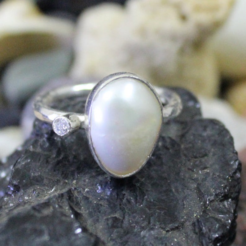 Pearl and Zircon Ring Handmade 925K Sterling Silver Ring 18K Gold Plated Over Silver