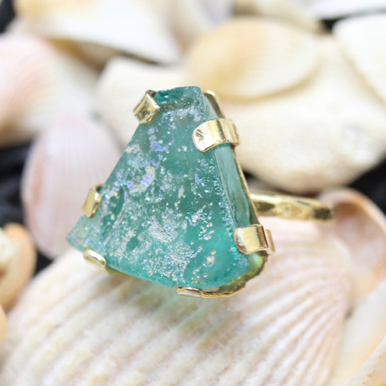 Real Genuine Ancient Roman Glass Handmade 925K Sterling Silver Ring 18K Gold Plated Over Silver