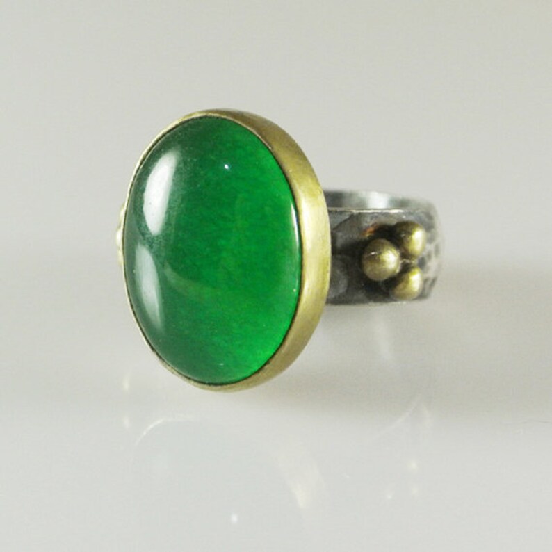 Natural Genuine Large Green Jade Handmade 925K Sterling Silver Ring 18K Gold Plated Over Silver