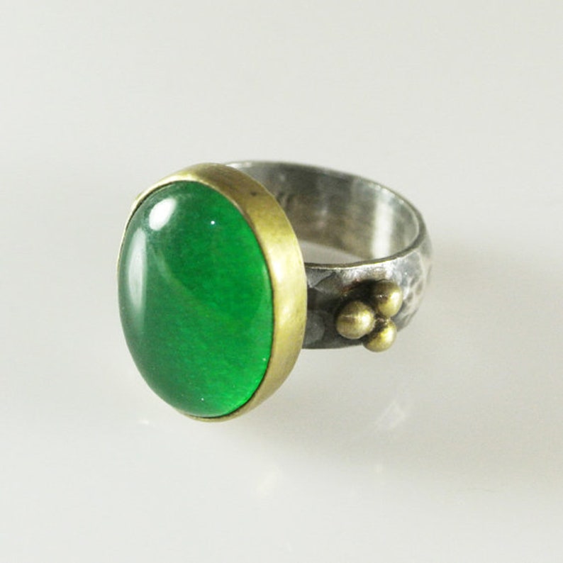 Natural Genuine Large Green Jade Handmade 925K Sterling Silver Ring 18K Gold Plated Over Silver