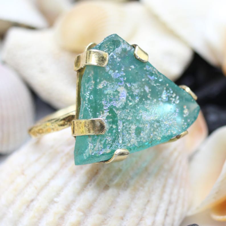 Real Genuine Ancient Roman Glass Handmade 925K Sterling Silver Ring 18K Gold Plated Over Silver