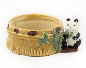Whimsical Vintage Panda Bamboo Small Ceramic Planter Plant Pot Bowl Container