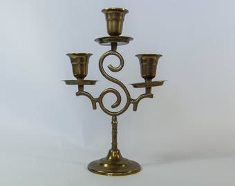 Vintage Brass 3-Candle Candelabra with S-shape