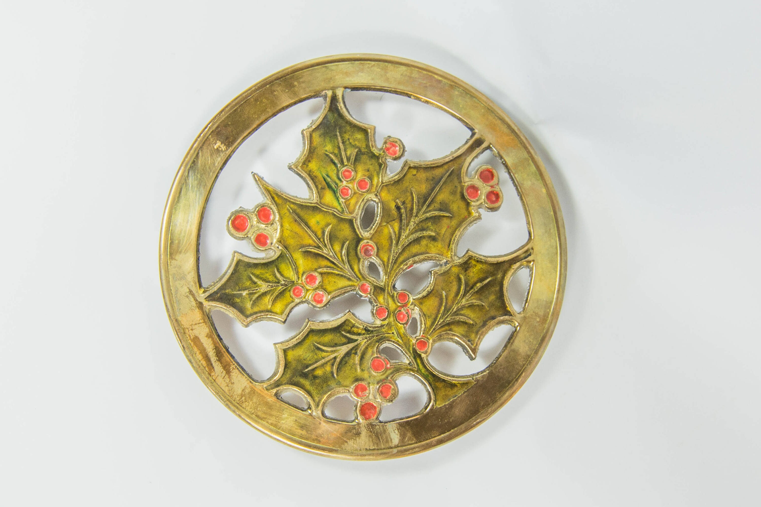 Vintage Footed Brass Holiday Trivet with Holly and Berries Etsy