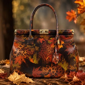 Golden Autumn Muse™ Italian Leather Handbag | Luxury Art Print Purse | Handmade in Italy | Designer Tote Bag for Women