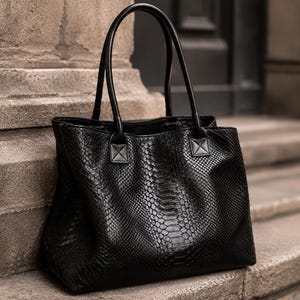 May include: A black tote bag with a snakeskin pattern. The bag has two handles and is sitting on a stone surface. The bag is made of a textured material and has a rectangular shape.