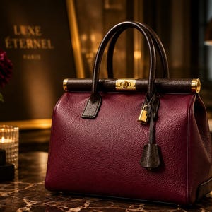Peut inclure: Un sac à main structuré en cuir grainé bordeaux profond, doté de poignées en cuir marron foncé, d'un fermoir en métal doré et d'un petit cadenas doré suspendu à une lanière en cuir fixée à la base de l'une des poignées.