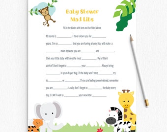 Baby Shower Game - Pregnancy Mad Libs - Animal Safari - Printable