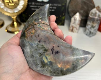 May include: A crescent moon shaped labradorite crystal with iridescent colors of green, gold, and purple. The crystal is polished and smooth.