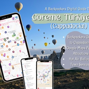 Può includere: Una guida digitale di Göreme, Turchia (Cappadocia) visualizzata su tre smartphone. Gli schermi mostrano mappe, punti di interesse e informazioni su attrazioni, mongolfiere e servizi cittadini. Mongolfiere in cielo.