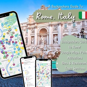 May include: A travel guide for Rome, Italy, featuring a map on a smartphone screen with various points of interest. The image includes the text "A Backpackers Guide To: Rome, Italy" and a list of features.