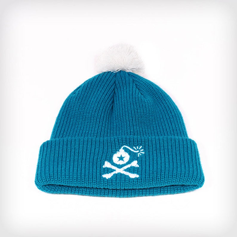 Solid Knit Cuffed Pom Beanie Hat with Stangl Bomb Logo 3 Styles