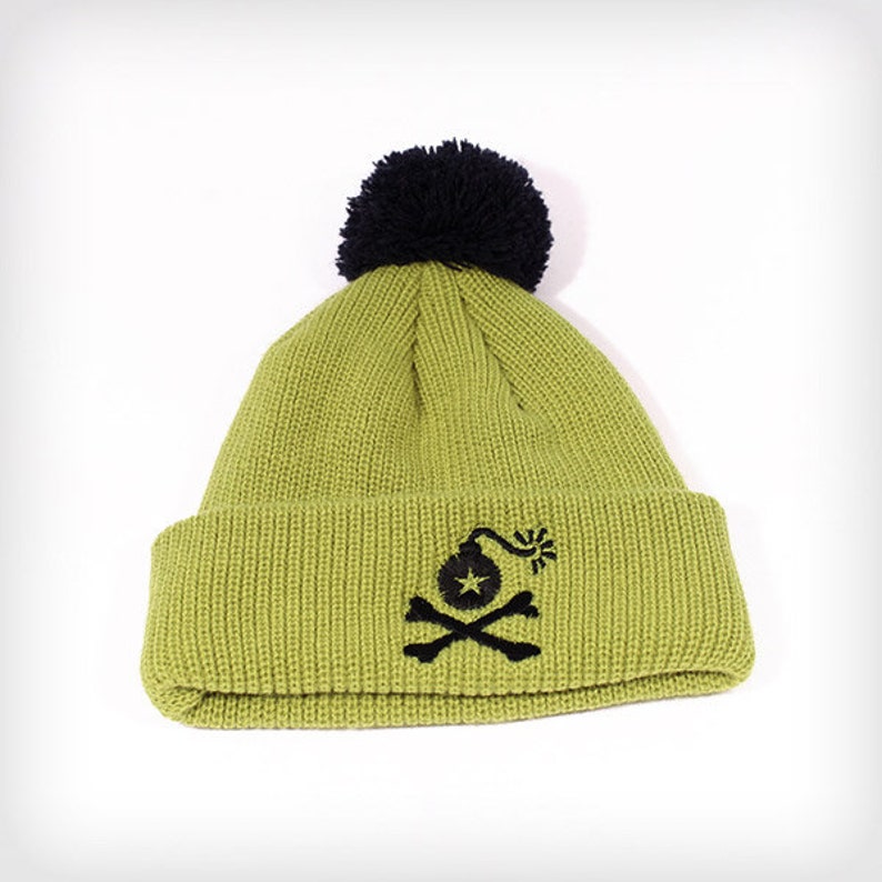 Solid Knit Cuffed Pom Beanie Hat with Stangl Bomb Logo 3 Styles