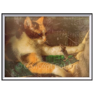 Calico gato y ratón, impresión original en papel de bellas artes decoración de pared gatito y ratón foto ilustración retrato animal regalo único