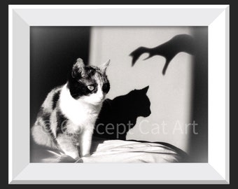 Black and white Photo print on paper for wall decor Dark cat shadows, Halloween art picture Vintage classic horror style image