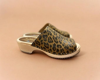 Womens Clogs Mules Berit Open Leopard Print Leather Clogs by Lotta from Stockholm Swedish Clogs Low Heels Handmade in Sweden