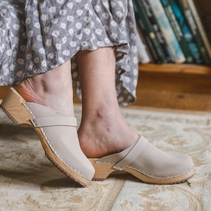 Swedish Clogs Mules Sweden Classic Oatmeal Oiled Nubuck Leather by Lotta from Stockholm / Wooden / Handmade / Low Heel / lottafromstockholm