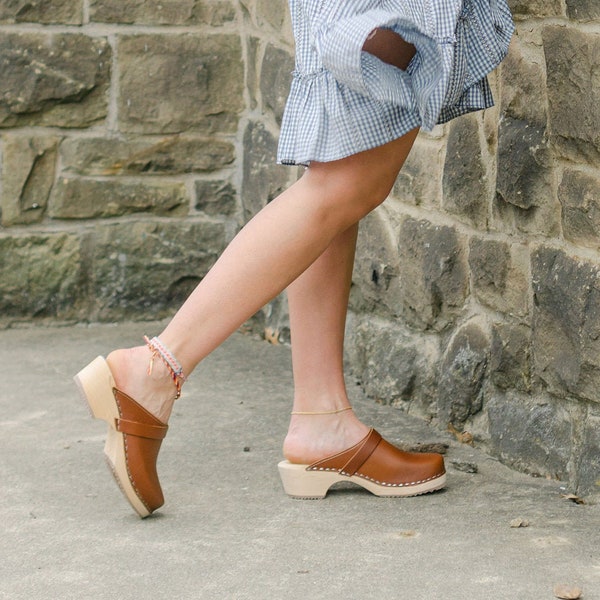 Mules Swedish Clogs in Cinnamon Leather by Lotta from Stockholm Scandinavian Womens Wooden Clogs Handmade in Sweden for that authentic look!