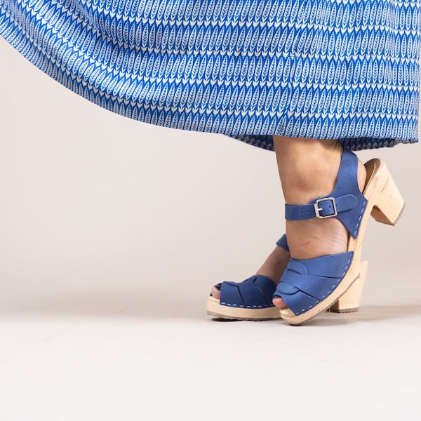 Swedish Clogs Peep Toe in Lazuli Blue Oiled Nubuck Leather by Lotta from Stockholm Wooden Clogs High Heels leather sandals Made in Sweden