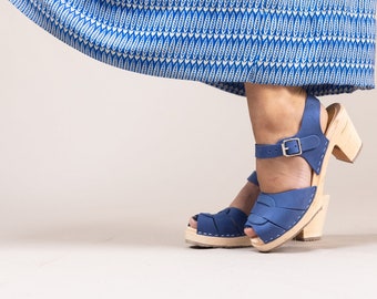 Swedish Clogs Peep Toe in Lazuli Blue Oiled Nubuck Leather by Lotta from Stockholm Wooden Clogs High Heels leather sandals Made in Sweden