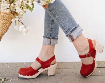 Swedish Clogs Highwood Red Leather by Lotta from Stockholm / Wooden Clogs / Summer / High Heel / Mary Jane Shoes / lottafromstockholm