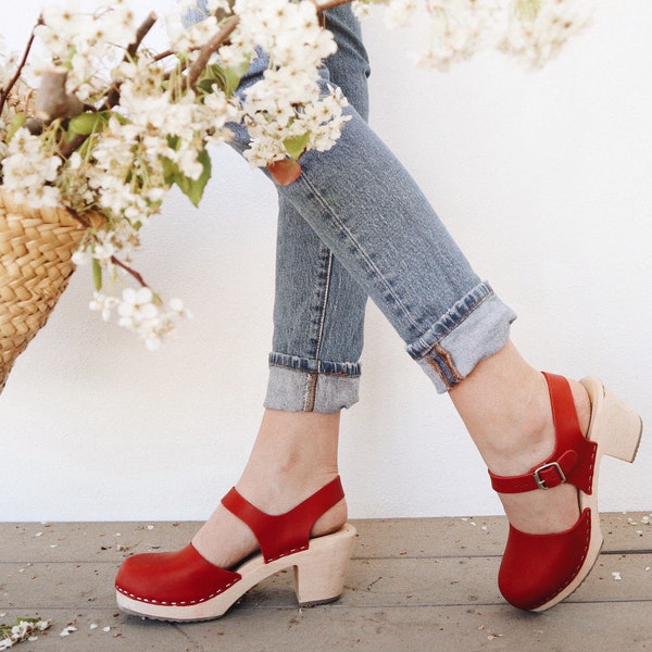 Swedish Clogs Highwood Red Leather by Lotta from Stockholm / Wooden Clogs / Summer / High Heel / Mary Jane Shoes / lottafromstockholm