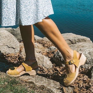 Swedish Clogs Low Heel Peep Toe Yellow Oiled Nubuck Leather by Lotta from Stockholm / Wooden Clogs / Sweden / Handmade / lottafromstockholm